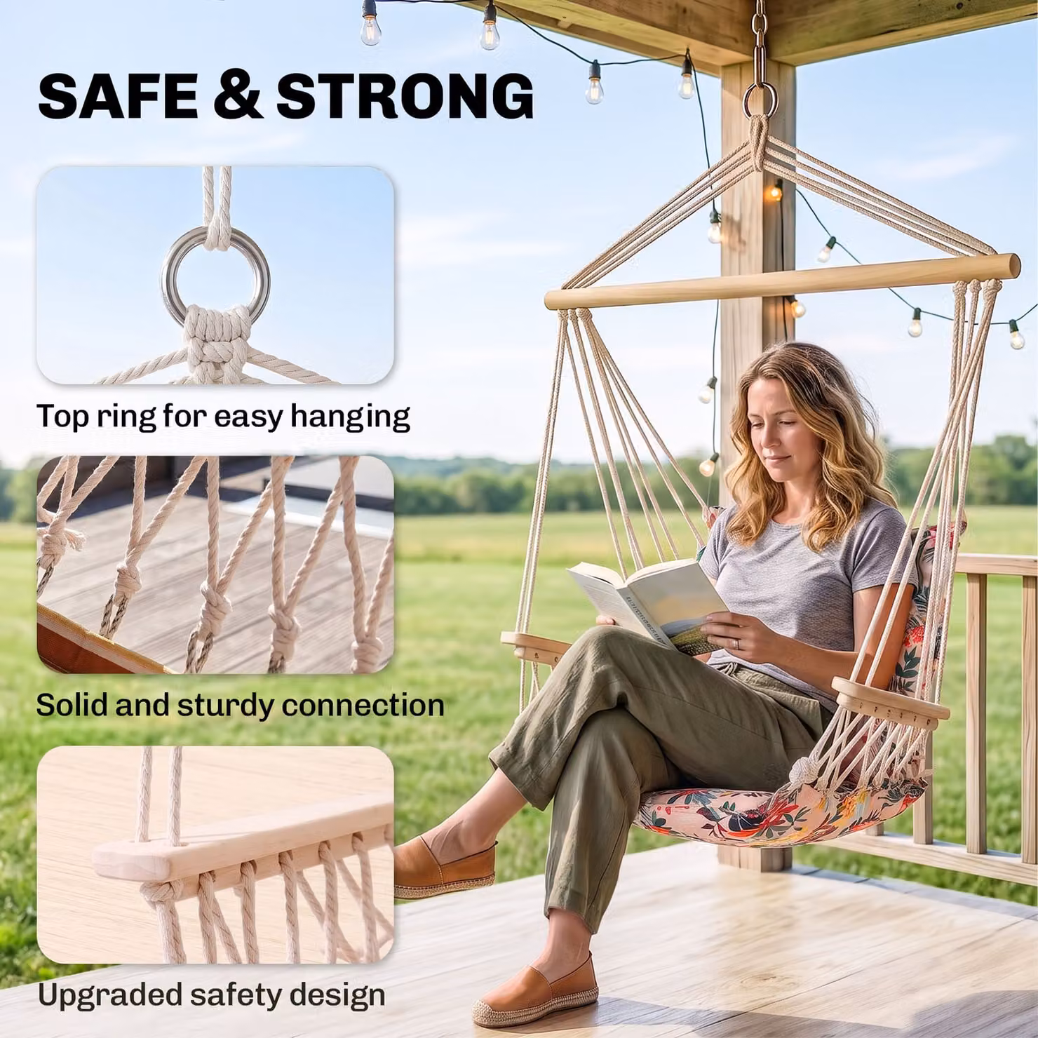 Outsunny Multicoloured Floral Hanging Hammock Chair with Wooden Arms and Cushions – 3