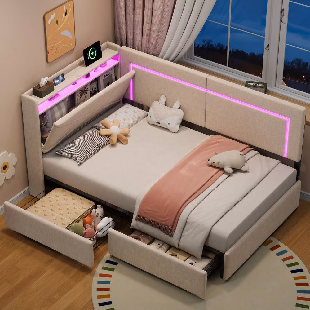 BTM Single Linen Daybed in Beige with LED Headboard, Bedside Shelf and 2 Storage Drawers, W/D/H: 90 x 190 cm – 2