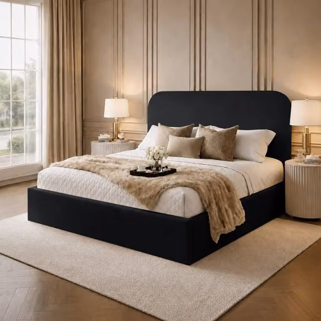 Desire Deco Lucia Upholstered Plush Velvet Panel Bed Frame in Black, Size: 200 x 200 cm