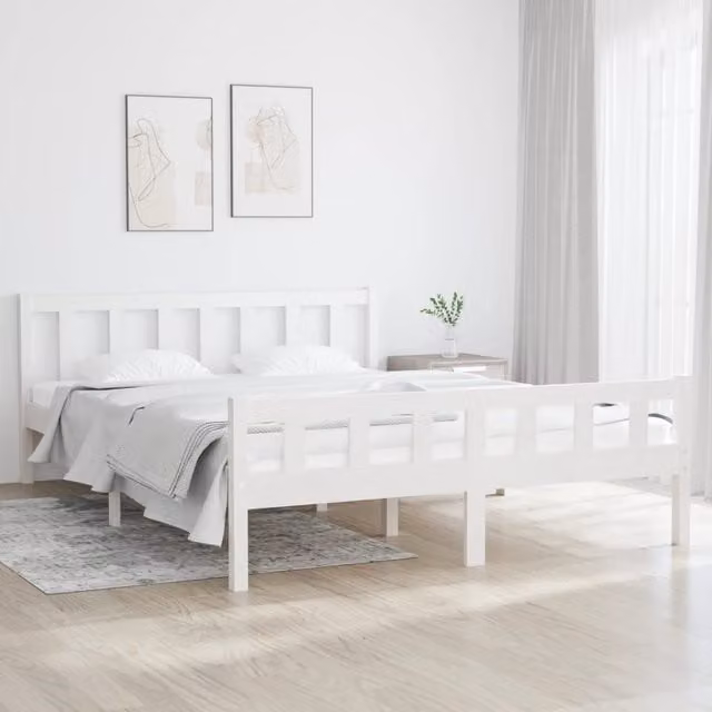 Berkfield Home White Solid Pine Wood King Size Bed Frame W: 150 cm, D: 200 cm