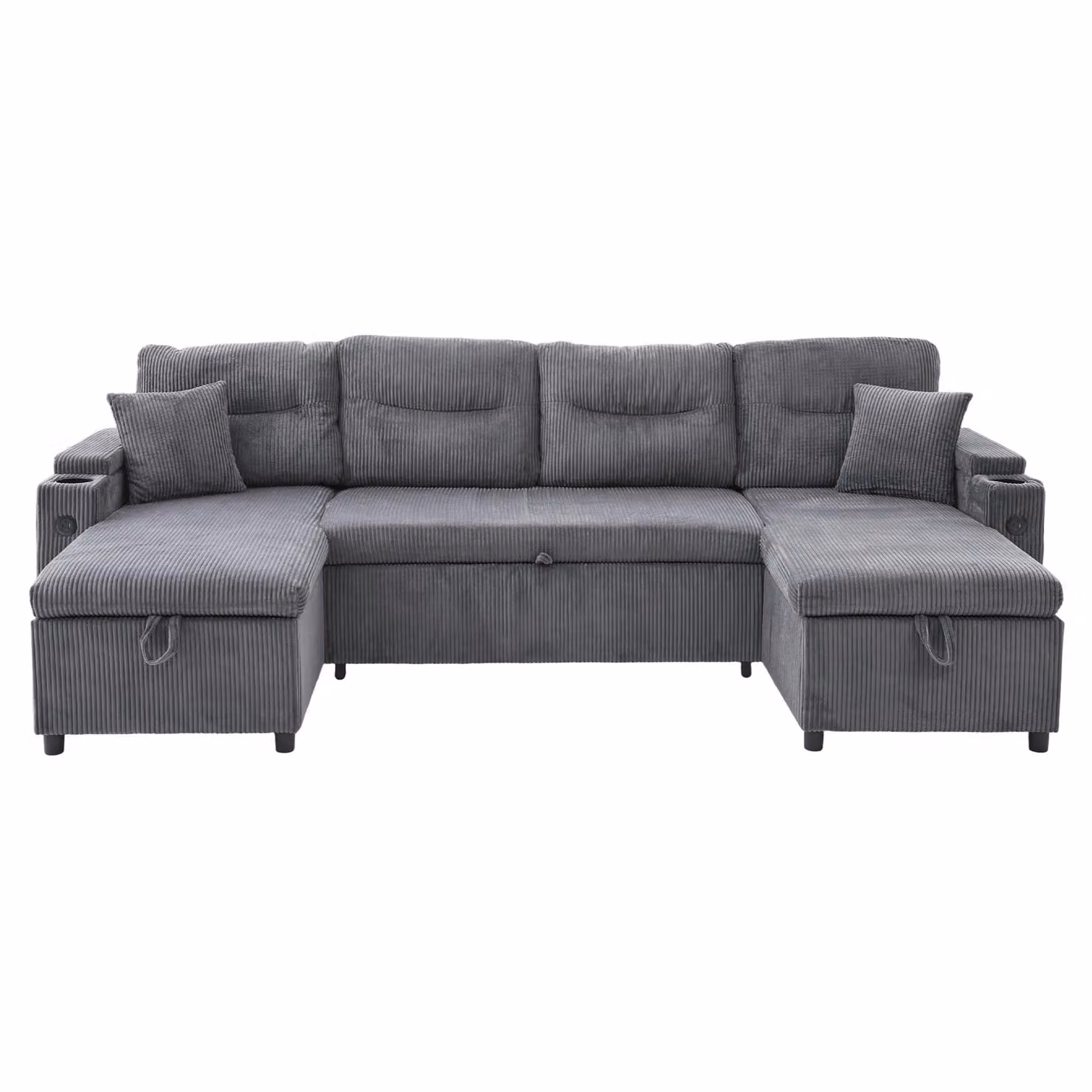 Aosom UK Contemporary 4-Seater U-Shaped Sofa with 2 Chaise Longues in Charcoal Grey, Featuring Ribbed Corduroy Upholstery, Built-in Cup Holders, USB Charging and Sleeping Function, W: 272 cm, D: 136 cm, H: 86 cm – 2