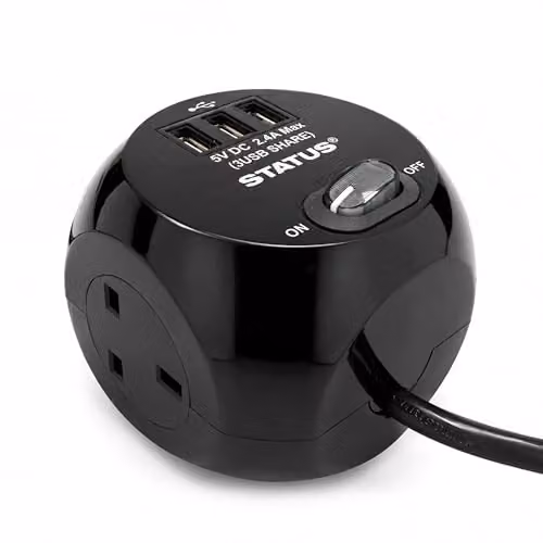 Status 3 Way Cube Socket with 3 USB Ports and 1.4 Metre Lead, Black – 2