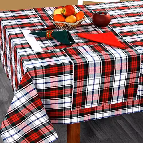 Homescapes Macduff Tartan Christmas Tablecloth, Red, White and Green Checked Cotton Rectangular Table Cover, W/D/H: 137 x 178 cm