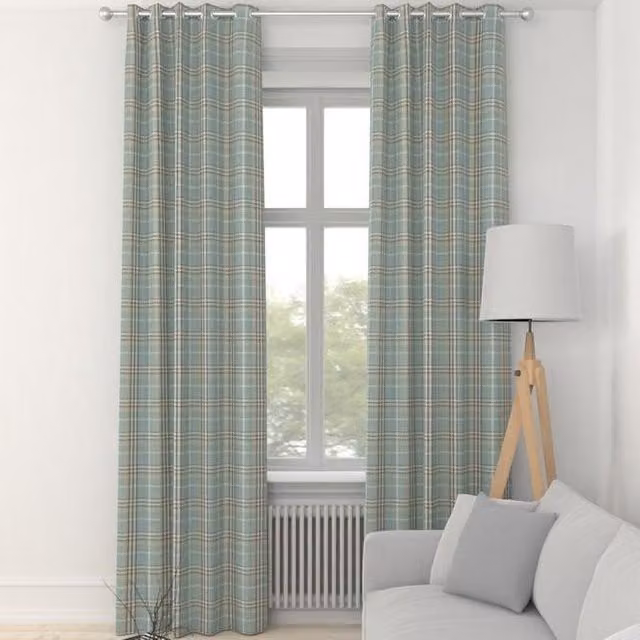 Terrys Casey Made to Measure Blackout Eyelet Curtain Panel in Duck Egg Blue Checked Fabric