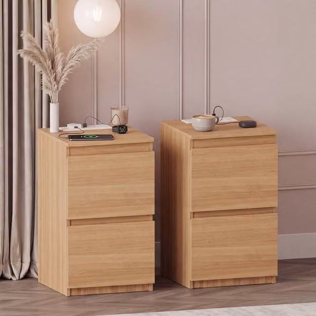 Home Discount Vida Designs Denver 2 Drawer Bedside Chest with Power Outlet, Set of 2, Natural Brown