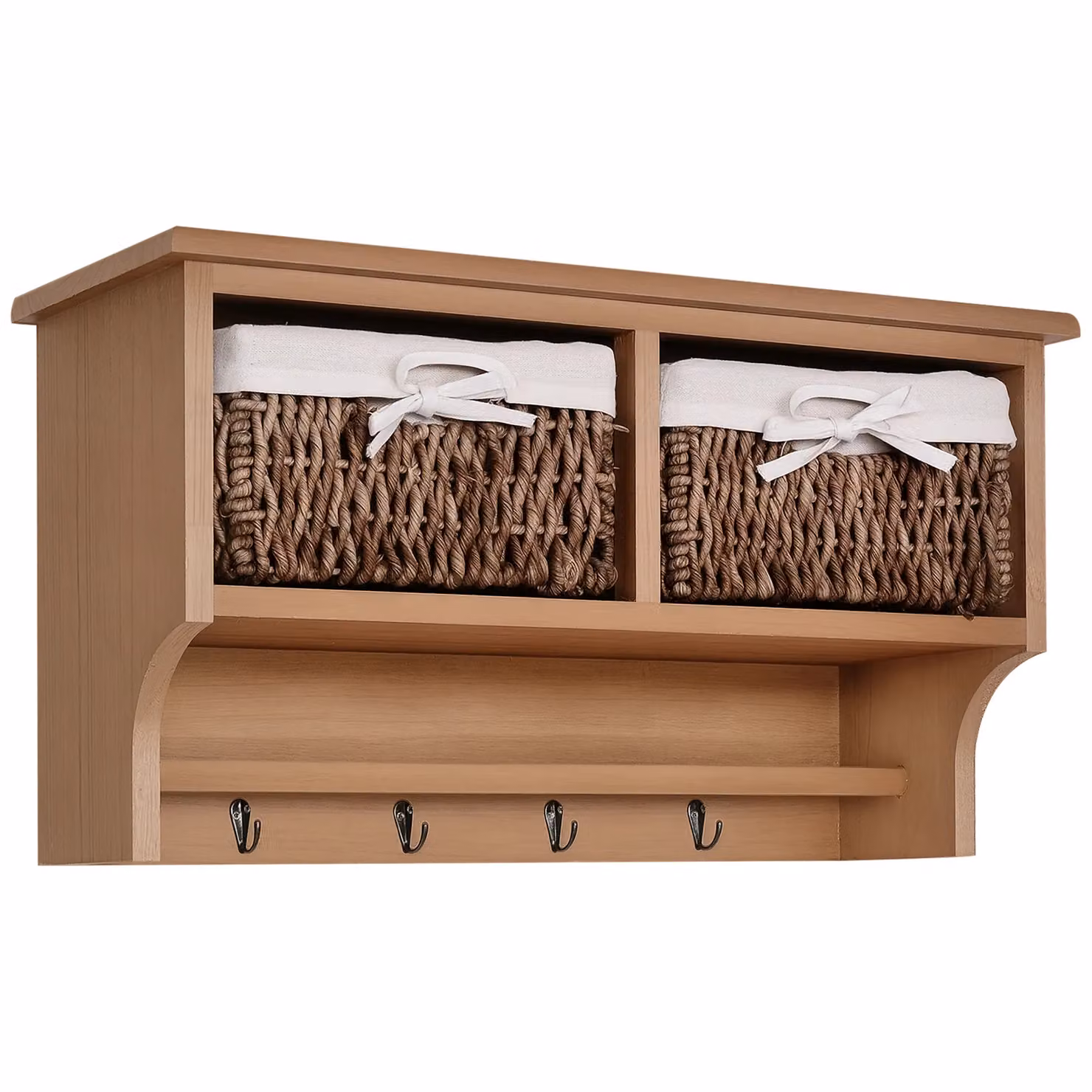 HOMCOM Wall Mounted Coat Hook Storage Unit with Rattan Baskets and Shelf in Brown – 2