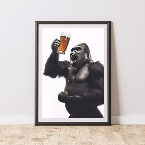 60 Second Makeover Funny Gorilla Drinking Beer Paper Poster, A3, Multicolour