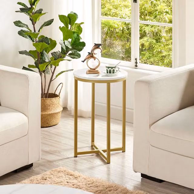 Yaheetech Modern Round Side Table with Gold Metal X-Frame Legs and Glossy MDF Top