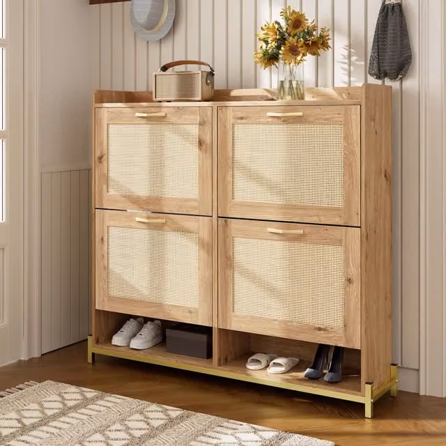 Aosom UK Modern 4-Door Shoe Cabinet with Metal Frame and Rattan Details, Brown, W/D/H: 108.5 x 24 x 100 cm
