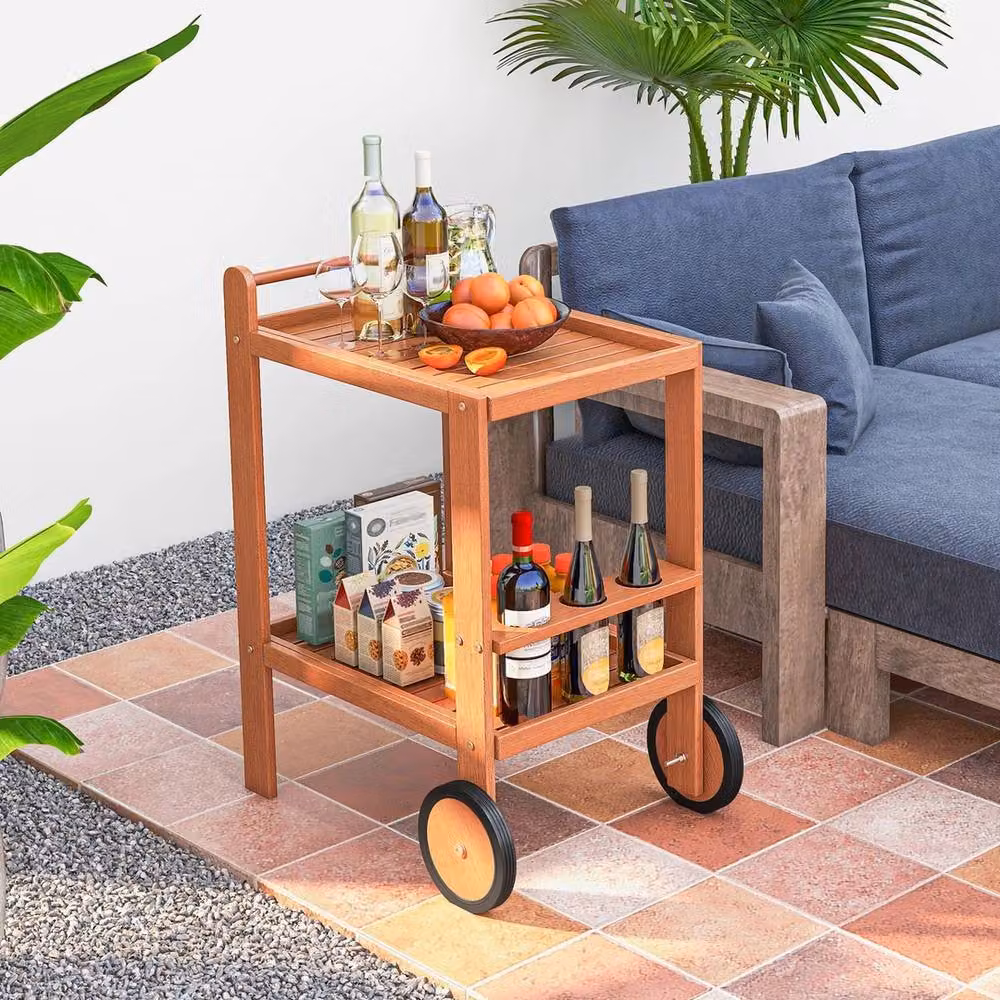 VOGREX 2-Tier Oiled Wood Rolling Bar Cart with Wine Holders in Brown and Sand – 4