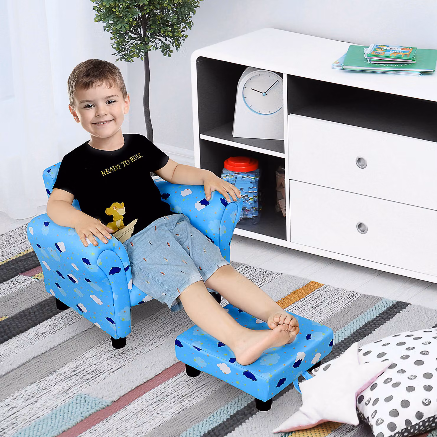 HOMCOM Childrens Mini Sofa with Footrest and Armrests, Blue and White Cloud Star Design with Solid Wood Frame – 2