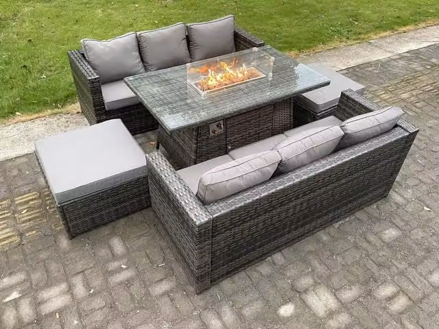 Fimous 8 Seater Outdoor Rattan Garden Furniture Set with Gas Fire Pit Dining Table and Footstool in Dark Grey