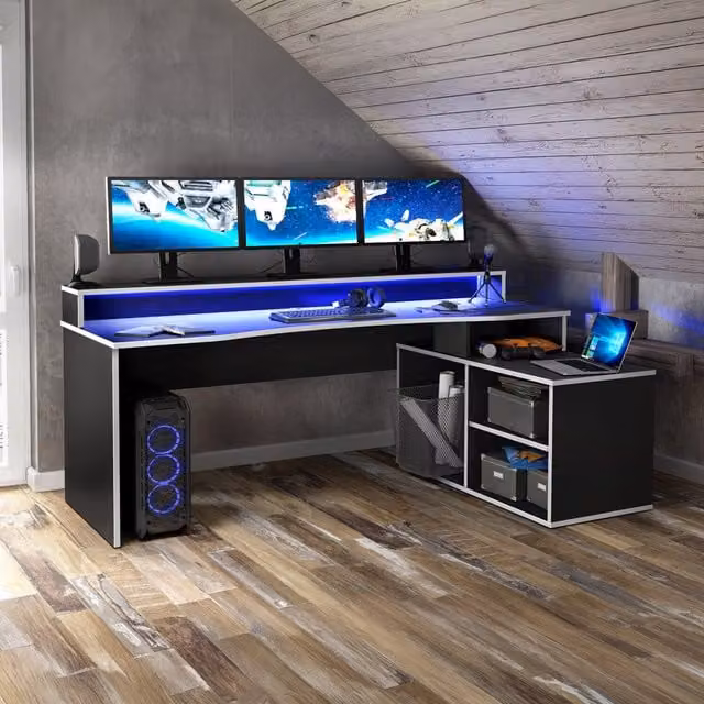 Furniture To Go Tezaur L-Shaped Gaming Desk in Black and White
