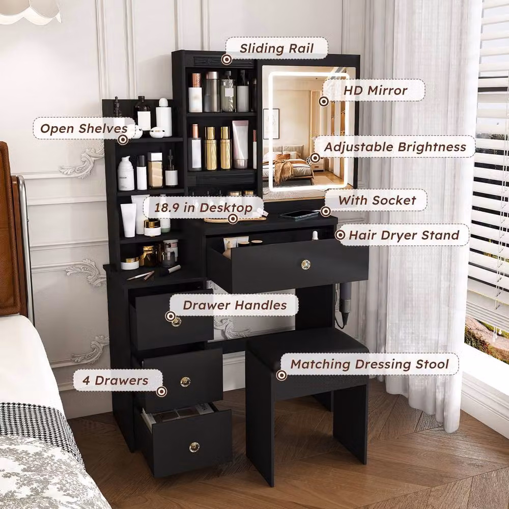 Rolipo Modern Black Makeup Vanity Desk with Hollywood LED Mirror and 4 Drawers – 3