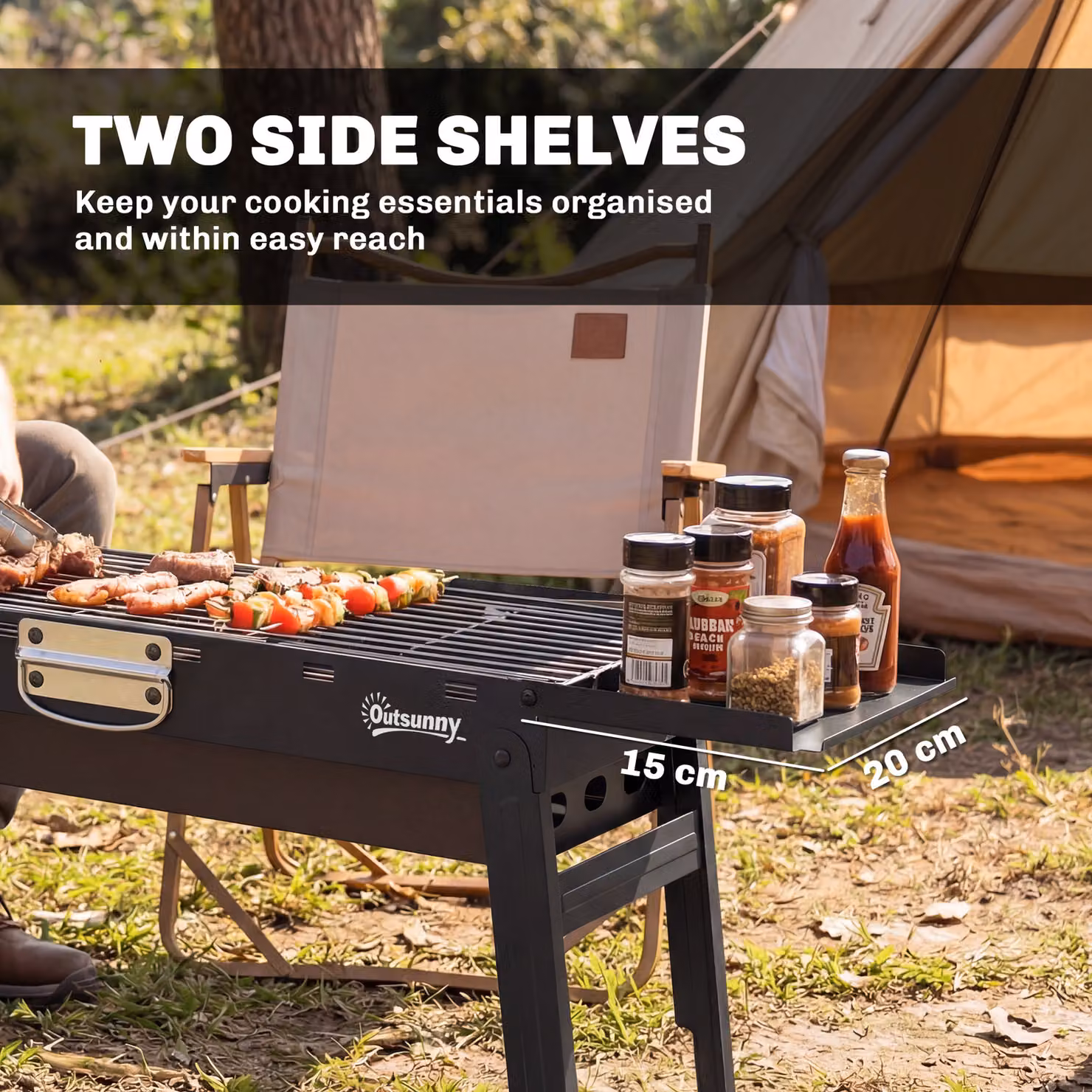 Outsunny Portable Charcoal BBQ Grill with 2 Side Shelves and Handle, Black – 5