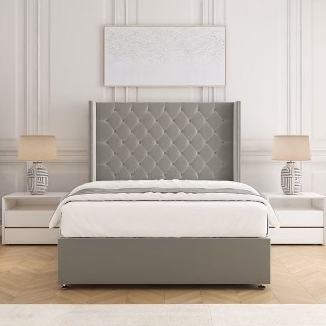 BSSPOKE Olivia Plush Velvet Divan Bed Set with 54 inch Headboard and Mattress in Silver, Small Double, W/D/H: 120 x 200 cm