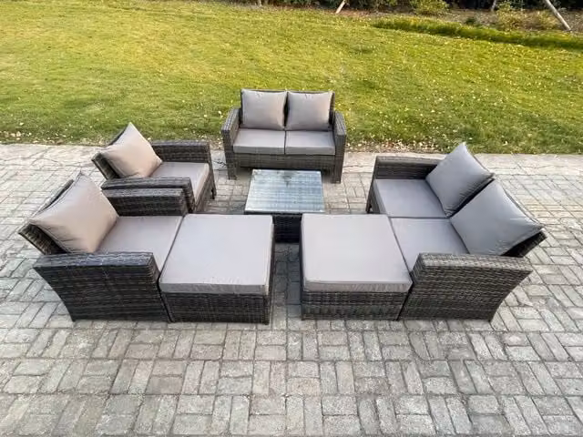 Fimous Rattan Outdoor Garden Furniture Set with Table, Chairs and 2 Ottomans in Dark Grey Mixed