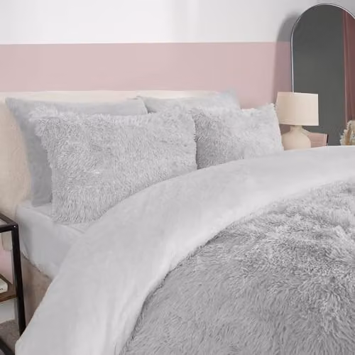OHS Single Teddy Fleece Duvet Cover and Pillowcase Set in Silver Grey Reversible Shaggy Bedding