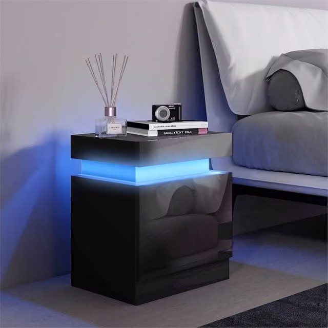 EONLION Black High Gloss Modern Bedside Cabinet with Integrated Lighting