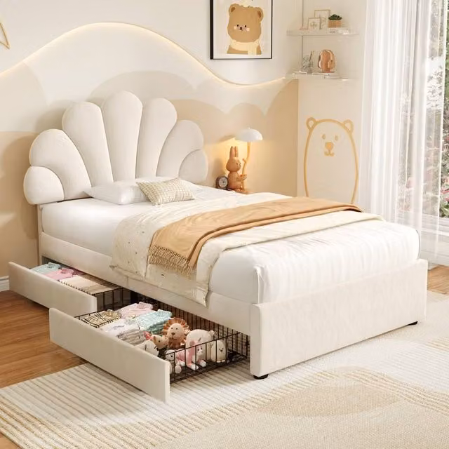 ModernLuxe Beige Velvet Upholstered Single Bed with Adjustable Petal Headboard and 2 Drawers, W/D/H: 90 x 190 x 107 cm – 1