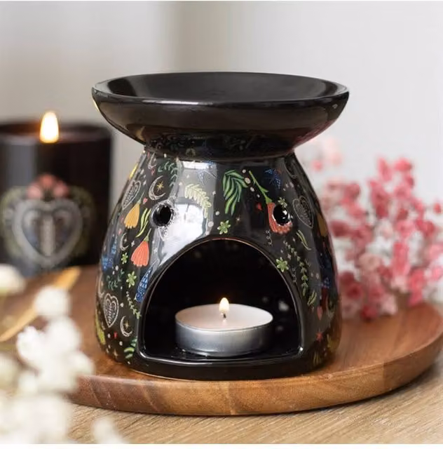 KDMD Midnight Bloom Ceramic Oil Burner with Floral Print, Black Tabletop Aromatherapy Tealight Diffuser