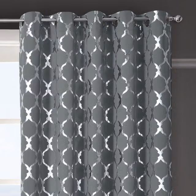 Velosso Arabesque Grey Blackout Eyelet Curtains, Width: 116 cm, Drop: 137 cm