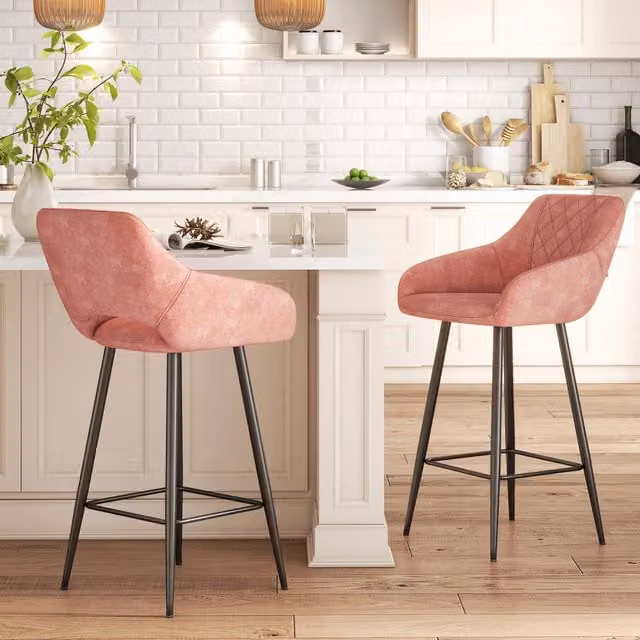 HOMCOM Pink Velvet Upholstered Bar Chairs with Metal Frame