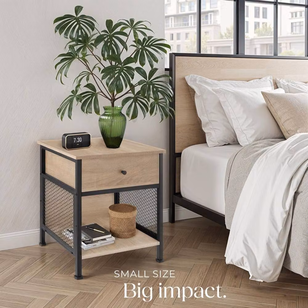 tectake Killarney Bedside Table with Shelf, Drawer and Open Storage in Light Oak – 7