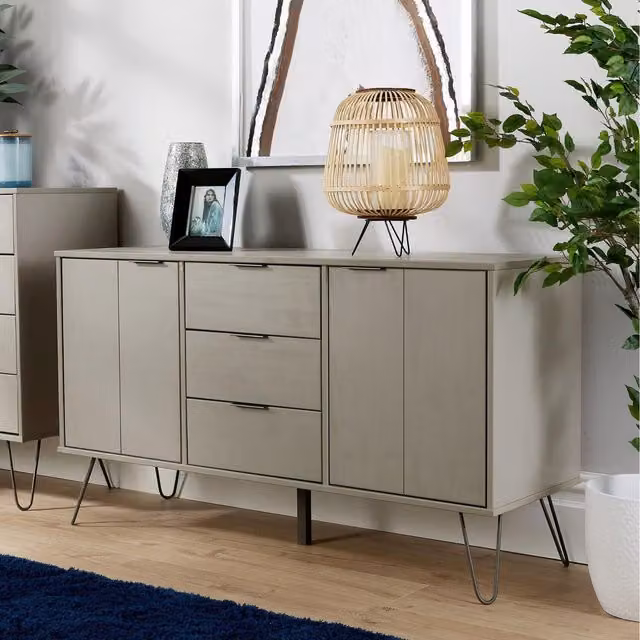 Home Source Acadia 3 Drawer Sideboard in Grey Wash Pine and Metal