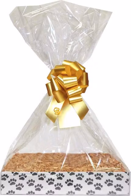 Hampabox Pet Gift Basket Kit Paw Prints Hamper Tray with Gold Gift Wrap Accessories, Gold, H: 8 cm, W: 35 cm, D: 24 cm