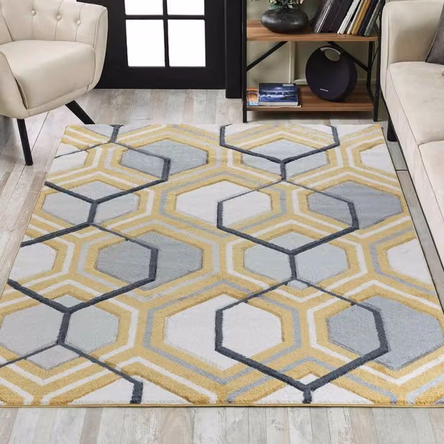 Desire Rugs Valencia Modern Hexagon Design Carved Geometric Area Rug, Gold/Yellow, W: 80 cm, L: 150 cm