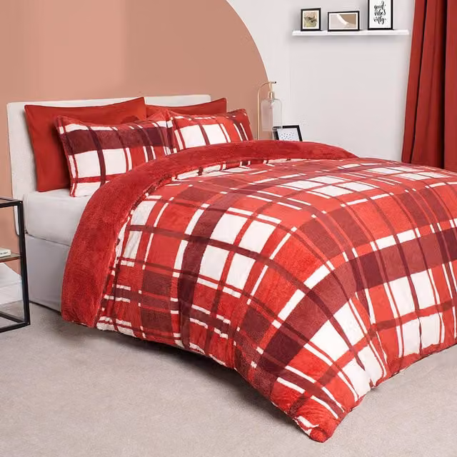 OHS Red Teddy Check Duvet Cover and Pillowcase Set, 200 x 200 cm