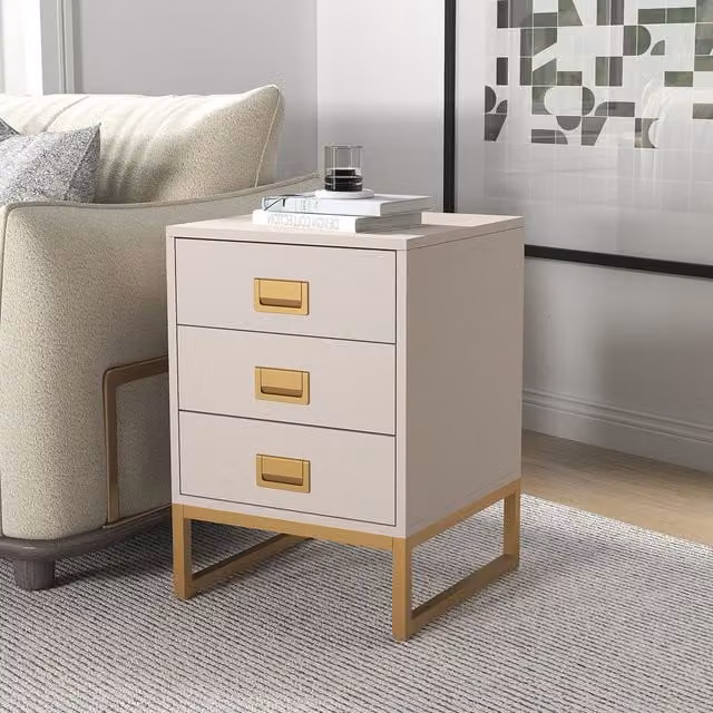 Melody Maison Elle Stone 3 Drawer Bedside Table in Beige and Gold