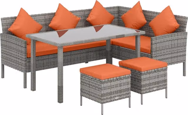 Outsunny 6-Seater Rattan Garden Dining Set with Cushions and Glass Table, Orange