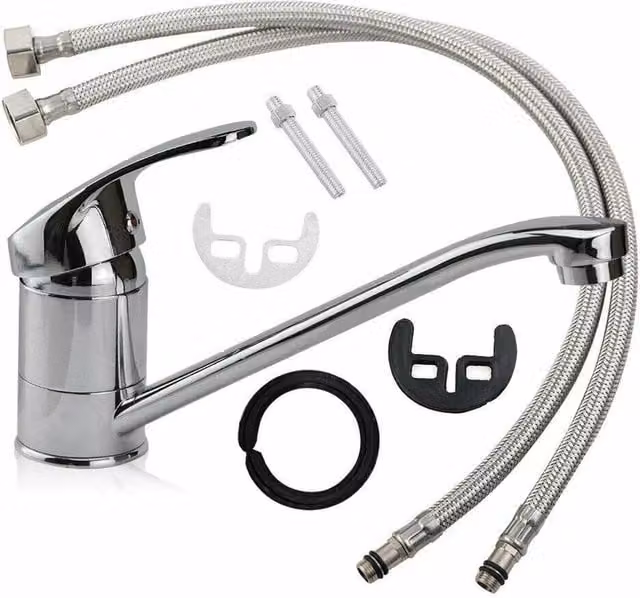 FLAVORA Mono Basin Mixer Tap Complete Set in Silver Chrome, Width: 180 cm, Height: 180 cm