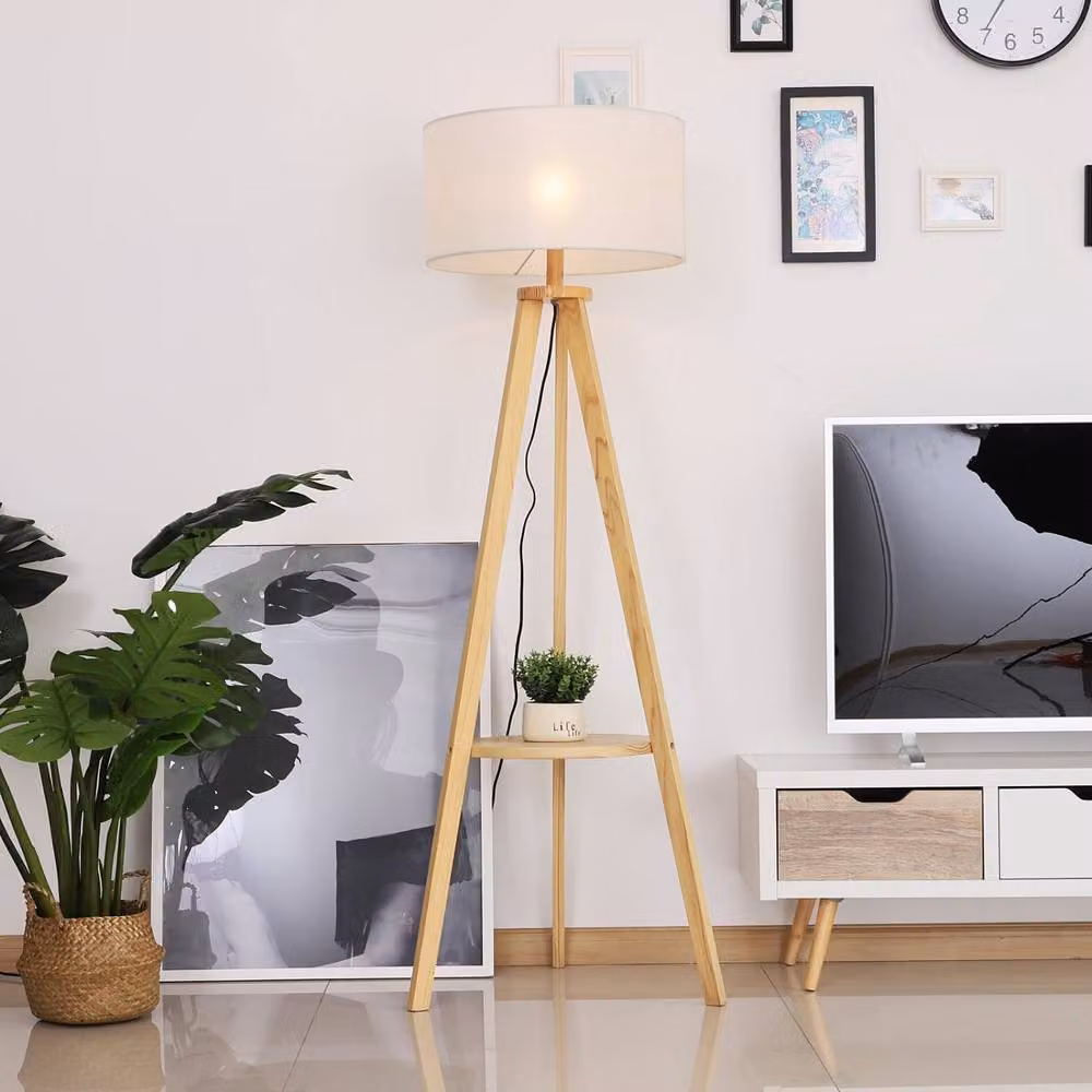 Wyld Haus Laravi Natural Wood Tripod Floor Lamp with Beige Fabric Shade and Shelf, Height: 154 cm – 6