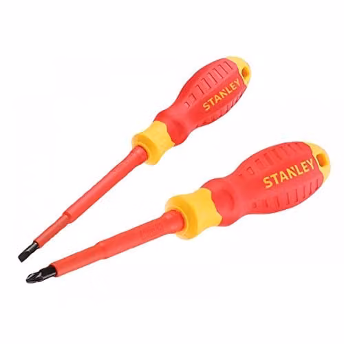 Stanley FatMax VDE Insulated Pozidriv and Slotted Screwdriver Set, 2 Piece, Red and Yellow