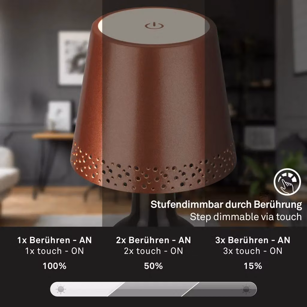 Briloner Rechargeable LED Bottle Lamp in Copper, Dimmable Touch Control Cordless Table Lamp with Warm White Light, W/D/H: 11 x 9 x 11 cm – 4