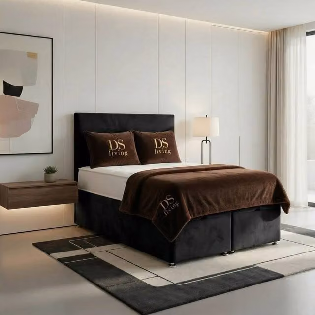 DS Living Prima Black Velvet Upholstered Divan Bed W/D/H: 180 x 200 cm