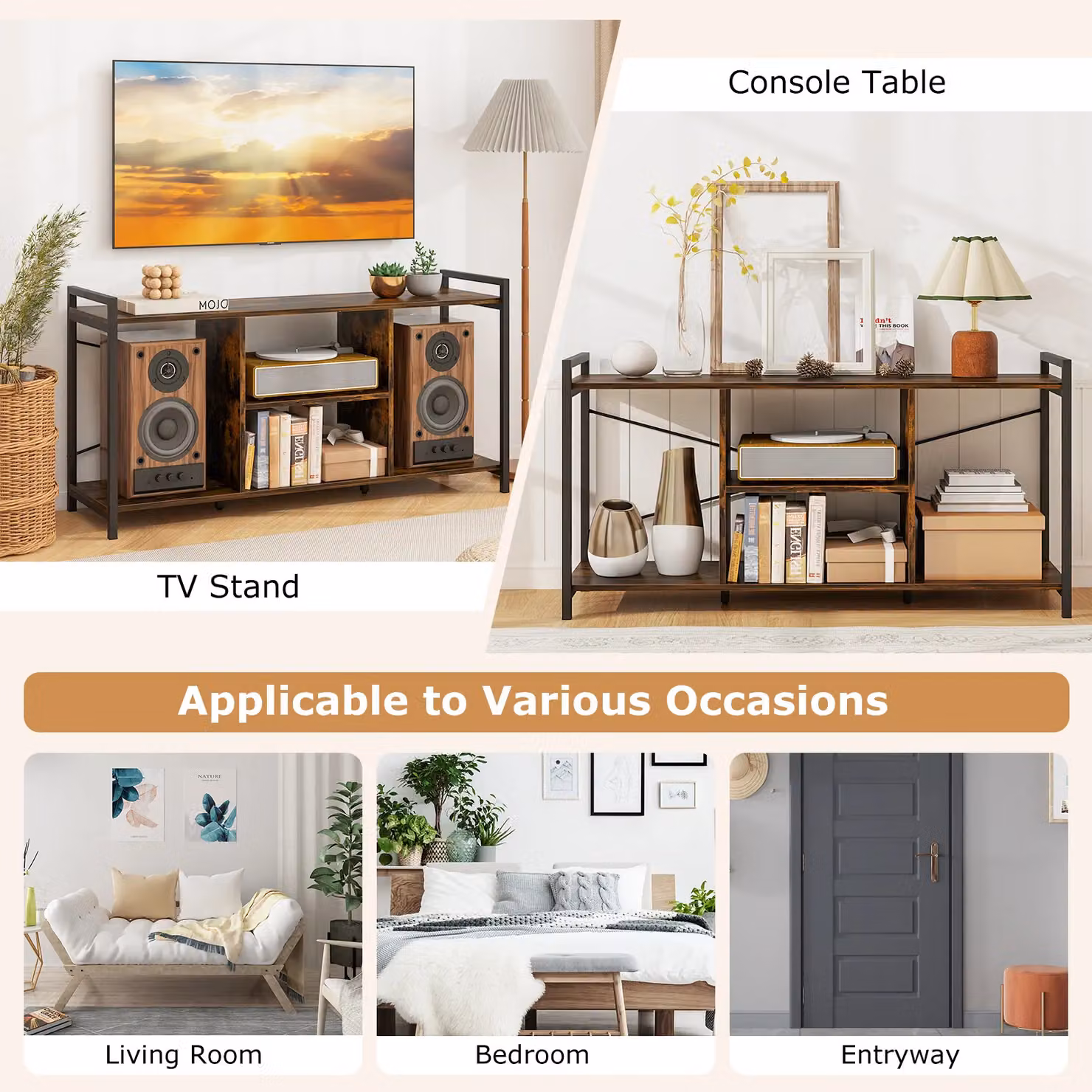 Gymax Industrial TV Stand for up to 55 inch TVs with 4 Shelves, Brown – 6