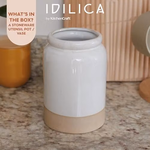 KitchenCraft Idilica Ceramic Stoneware Utensil Holder, Beige/White, H: 18 cm, W: 12 cm, D: 12 cm – 2