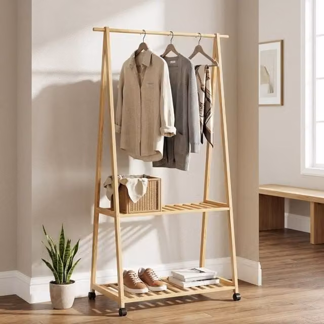 STILVORA Bamboo Clothes Rack with Shelves and Hooks in Natural Brown