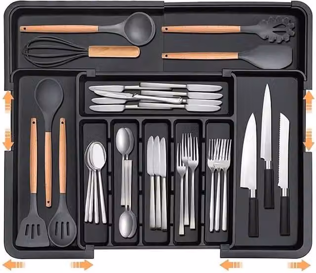Nordara Adjustable Kitchen Drawer Organizer Tray with Compartments, Black, W: 120 cm, D: 15 cm, H: 15 cm – 1