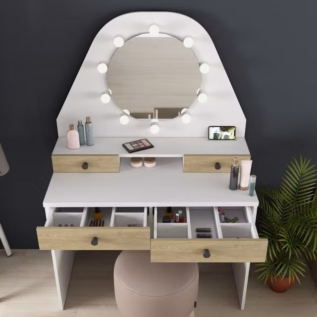 Trasman Hollywood LED Vanity Table in White and Oak