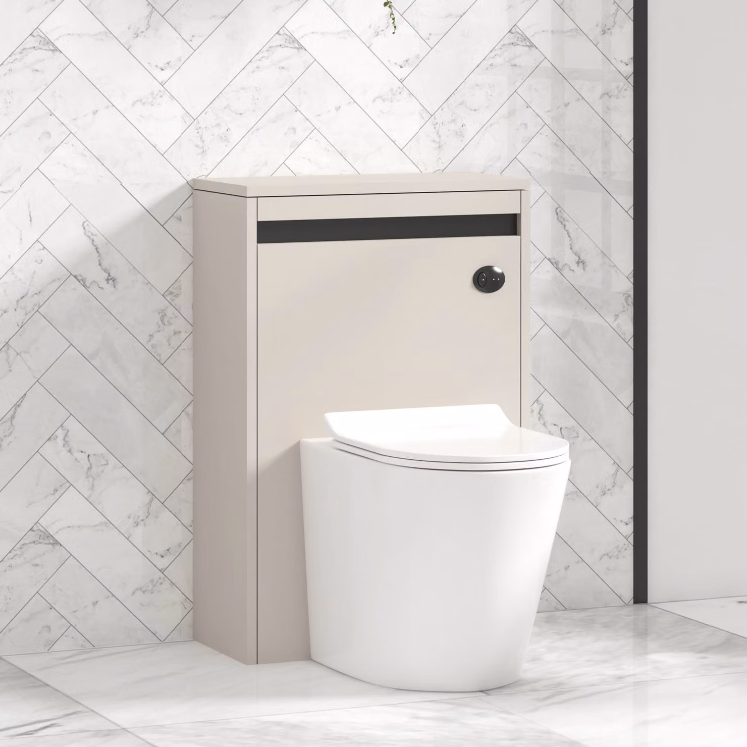 Royal Bathrooms Orion 540mm Warm Taupe Wall Mounted WC Unit with Cesar Rimless Ceramic Toilet Pan, Slim Soft Close Seat and Cistern with Black Accent Trim