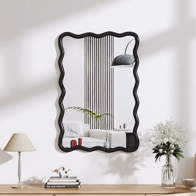 Livingandhome Modern Black Wood and Glass Wall-Mounted Decorative Mirror, Width: 90.5 cm