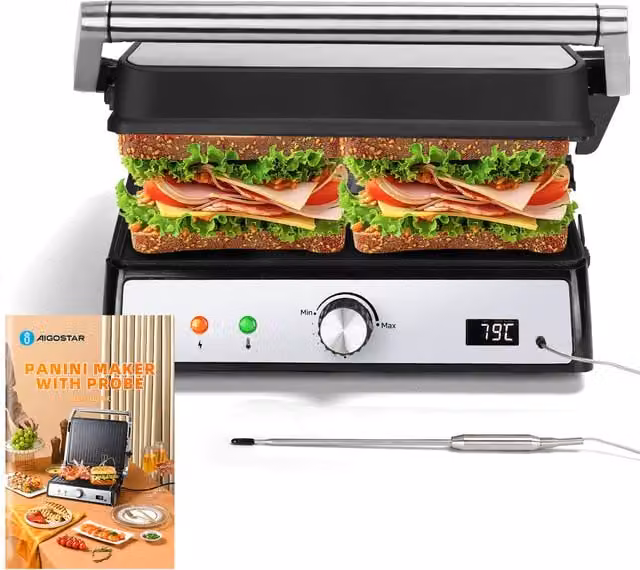 Aigostar Silver Stainless Steel Sandwich Toaster Panini Press with Dishwasher Safe Parts