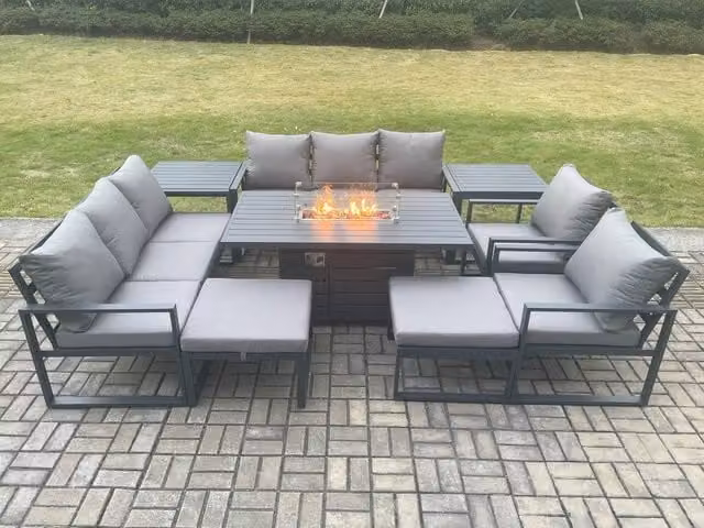 Fimous Aluminium Outdoor Garden Furniture Set with Gas Fire Pit Dining Table, 2 Side Tables and 2 Footstools in Anthracite Grey