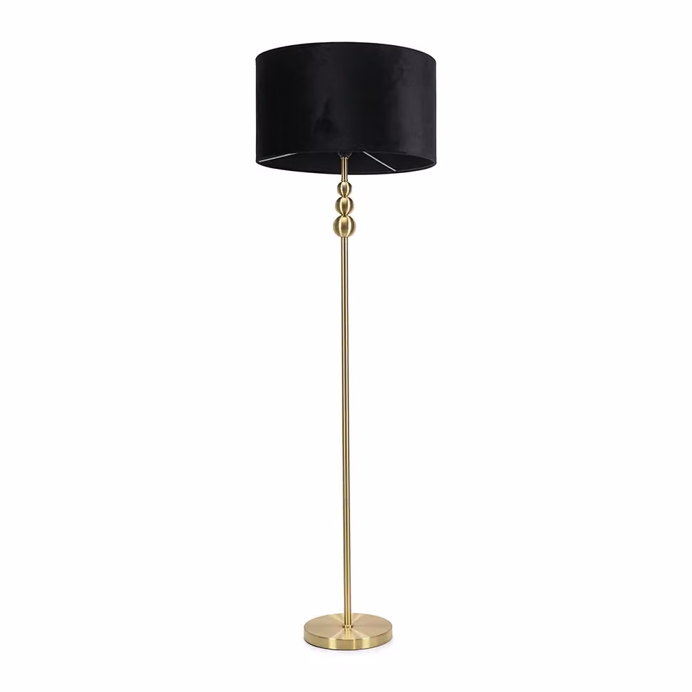 ValueLights Gold Stacked Ball Floor Lamp with Black Velvet Drum Shade and LED Bulb – 2