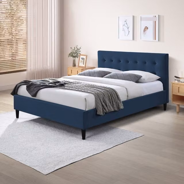 FurnitureboxUK Lotus Chesterfield Velvet Bed Frame in Blue, W/D/H: 140 x 200 cm